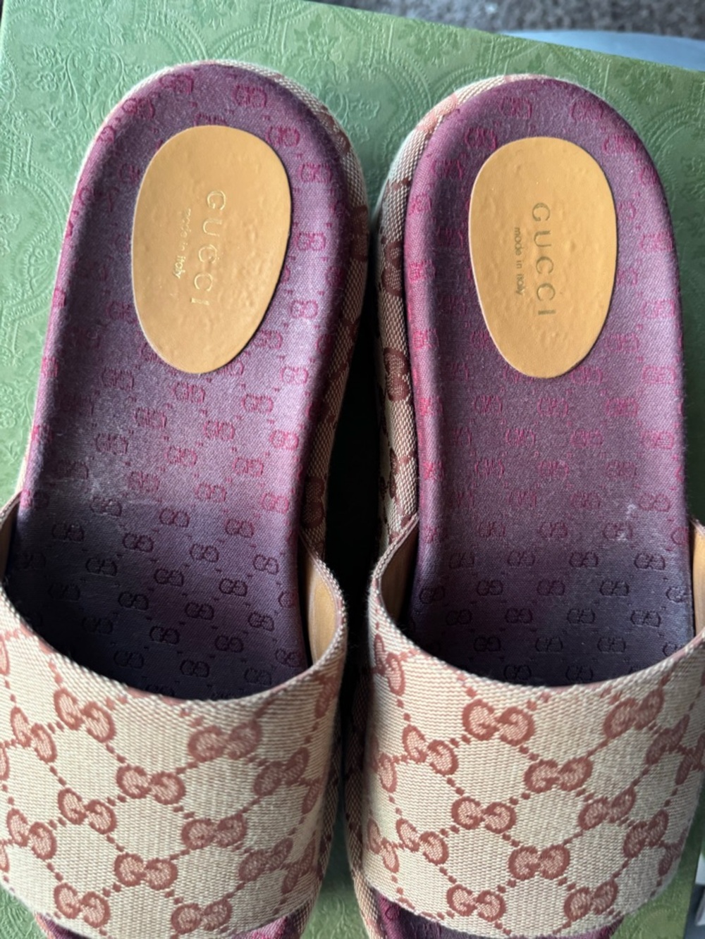 Gucci Beige Canvas GG Slide Sandals with Burgundy Insole